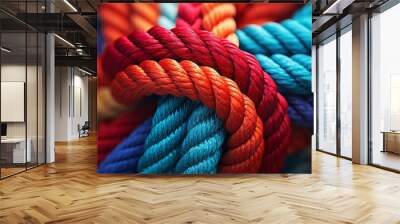 Team rope diverse strength connect partnership together teamwork unity communicate support. Strong diverse network rope team concept integrate braid color background cooperation empower power. Wall mural