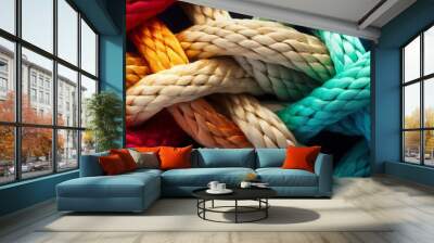 Team rope diverse strength connect partnership together teamwork unity communicate support. Strong diverse network rope team concept integrate braid color background cooperation empower power. Wall mural