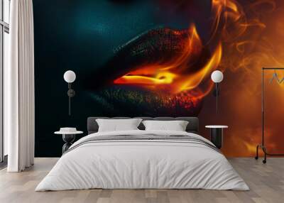 lips in flame fire of black woman, passion, love Wall mural