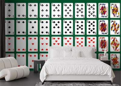 Poker set with isolated cards on green background. Poker playing cards, full deck. Wall mural