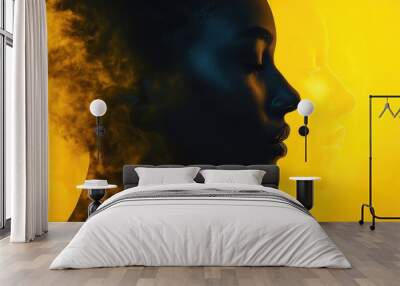  Profile View of Two Faces, One in Shadow and the Other Illuminated, Against a Yellow Background, Contrasting Light and Shadow, Artistic Expression, Unique Composition Wall mural