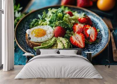 Delicious and Healthy Breakfast Plate with Toast, Fresh Strawberries, Sliced Avocado, and Perfectly Cooked Eggs for a Nutritious Start to Your Day Wall mural