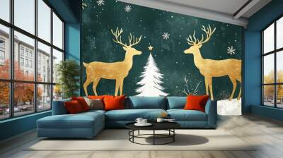 Elegant Gold Reindeer and White Christmas Trees on Textured Green Background: Perfect for Holiday Craft Projects Wall mural