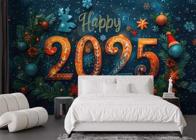 Festive New Year 2025 Celebration - Colorful Illustration with Traditional Holiday Decorations Wall mural