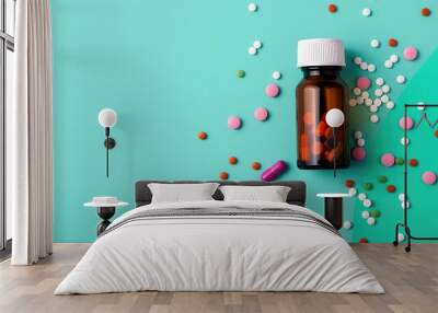 Top View of Medicine Bottle and Scattered Pills on Color Background with Copy Space, Representing Healthcare and Medication Wall mural