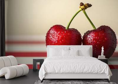 Vibrant Two Cherries Against a Striped Background with Bold Colors and Contrasting Patterns Wall mural