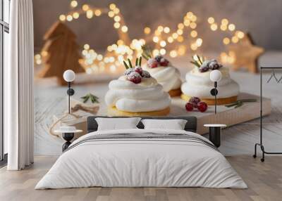 Pavlova Cake with berry cranberries on white background Wall mural