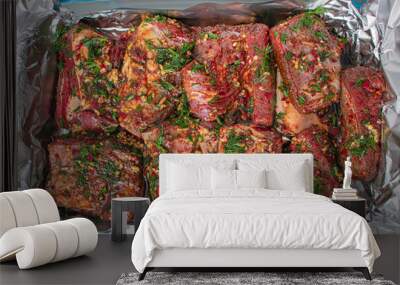 Beef meat marinated with dill, lamb meat in marinade Wall mural