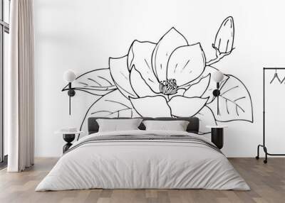 Lily lotus magnolia flower with bud, doodling hand contour drawing, isolated, on white background. Vector illustration Wall mural