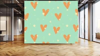 Pattern with hearts and shining stars on mint background. Wall mural