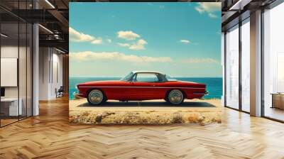 A red car is parked on a beach next to the ocean Wall mural