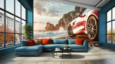 A red sports car is parked on a beach near the ocean Wall mural