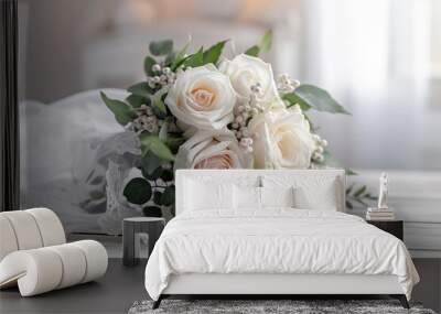 Beautiful white roses bridal bouquet. Generated ai. Wall mural