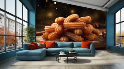 closeup of a of sweet hot churros with stars anise , spanish pastry on blurred background Wall mural