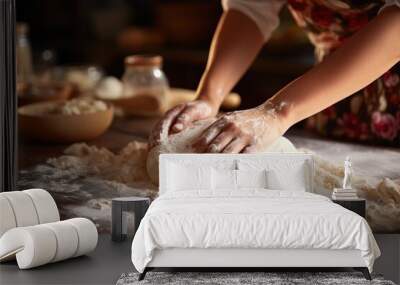 closeup of a young woman's hands kneading dough on a wooden table Wall mural