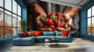 closeup of farmer's hands holding fresh ripe sweet strawberry Wall mural