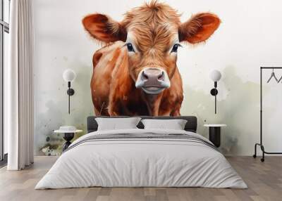 closeup watercolor portrait of a cute red calf on grass on a white background Wall mural