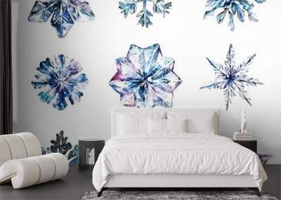 collection of watercolor crystal ice snowflakes isolated on white background Wall mural