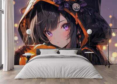 cute anime girl with black hair and purple eyes holding a pumpkin for halloween. generated ai Wall mural