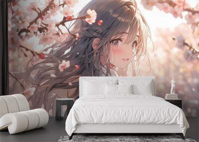 cute embarrassed smiling young girl in school uniform among cherry blossoms Wall mural