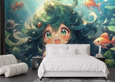 cute surprised anime mermaid girl with green hair underwater with fish and algae Wall mural