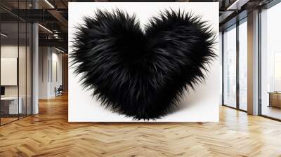 Furry fluffy black heartshape cushion isolated on white Wall mural