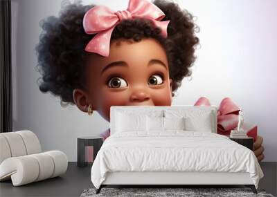 happy smiling african american cartoon little girl holding pink gift box Wall mural