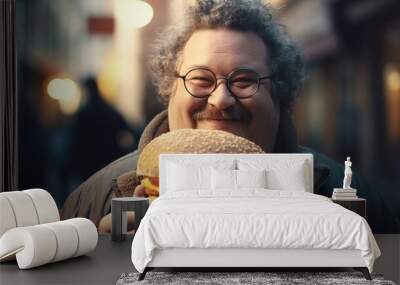 Happy smiling fat man in glasses holding delicious freshly cooked hamburger on the street Wall mural