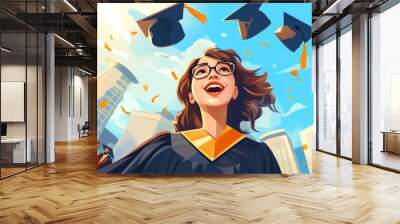 happy young woman graduate brown-haired in glasses in a mantle rejoices at the end of her studies. painting digital graphics. Generated AI Wall mural