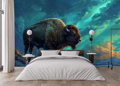 illustration of a bison standing in a snowy night landscape with northern lights Wall mural