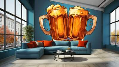 illustration of two clinking mugs with beer and foam on a blue background in cartoon style Wall mural