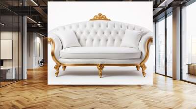 Luxury classic white and gold leather capitone buttoned sofa with two pillows, isolated on white Wall mural