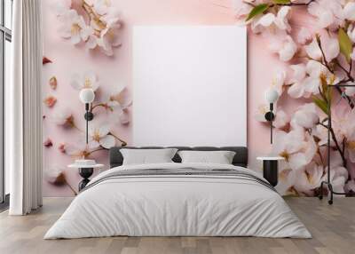 mockup white blank card on pink background with cherry flowers Wall mural