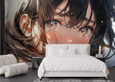 portrait of a beautiful crying young woman with black hair in anime style Wall mural