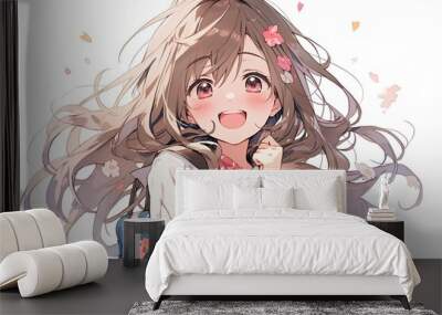 portrait of a cute happy smiling anime girl on a white background Wall mural