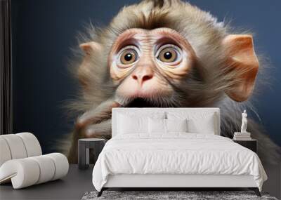 Portrait of a cute little monkey looking surprised on a gray blurred background Wall mural