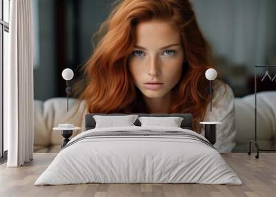 Portrait of a young charming red hair blue eye woman sitting on a white sofa in the room Wall mural