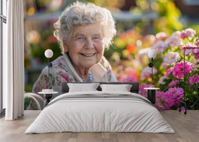 portrait of happy smiling elderly woman with curly gray hair surrounded by flowers in park Wall mural