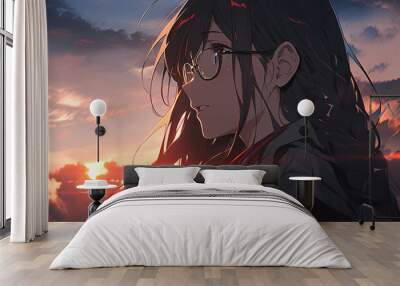 portrait profile pretty anime girl with black hair and glasses on sunset sky background Wall mural