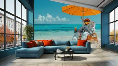 Relaxing astronaut in a white spacesuit lies on a wooden sun lounger under yellow umbrella on a beach with a glass of delicious cocktail with a yellow straw Wall mural