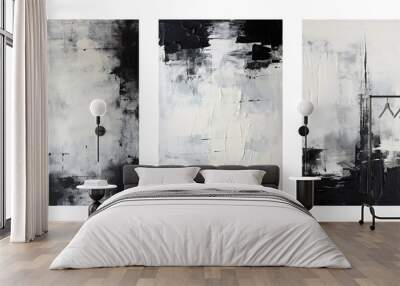 set of three black and white abstract oil painting on canvas, acrylic texture background, wave rough brushstrokes of paint Wall mural