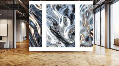 set of three smooth detailed texture of shimmering liquid metallic surface Wall mural