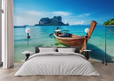 Thai traditional wooden longtail boat at tropical beach, rock in the background. Generated AI Wall mural