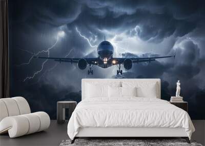 the plane flies in a dramatic stormy sky among gloomy clouds and lightning Wall mural