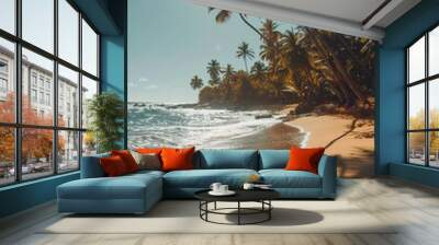 vertical paradise landscape sea beach with golden sand and palm trees on a sunny summer day at wide angle Wall mural