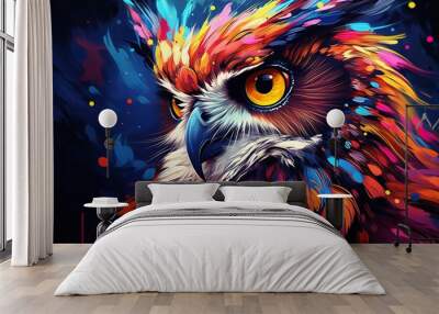 vibrant and colorful illustration portrait of owl digital oil style Wall mural