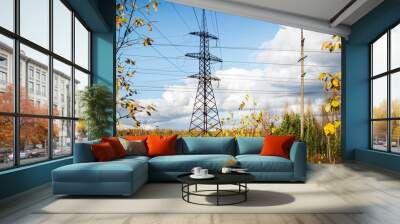 view of the autumn forest and power lines Wall mural