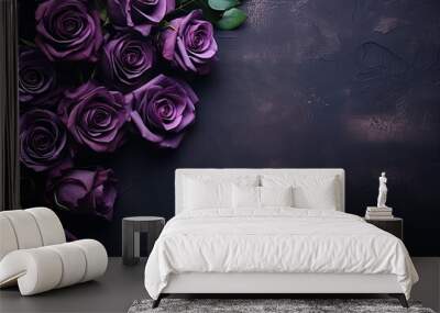 violet roses border frame on dark wooden background top view, floral template with copy space Wall mural