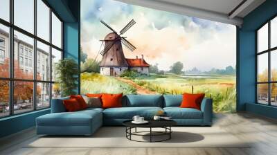 watercolor idyllic landscape field with windmill on a summer day. generated ai Wall mural