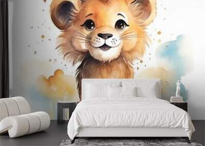 watercolor illustration of adorable cartoon baby lion on white background Wall mural